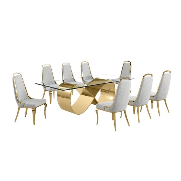 Best Quality Furniture Celia 9-Piece Clear Tempered Glass Top with Gold Stainless Steel Base Dining Set with 8 Rich Grey Boucle Fabric Chairs