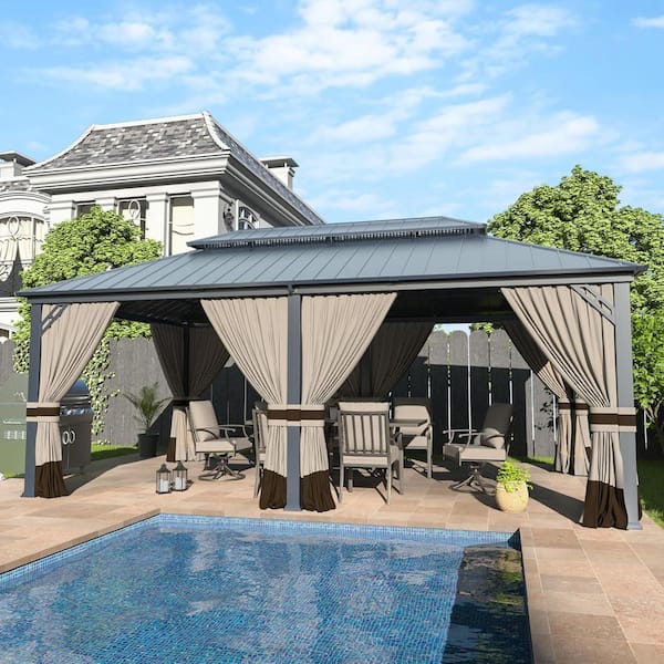 12 ft. x 20 ft. Grey Metal Hardtop Gazebo with Double Roof Pergola, Netting and Curtain Sand, Garden, Patio