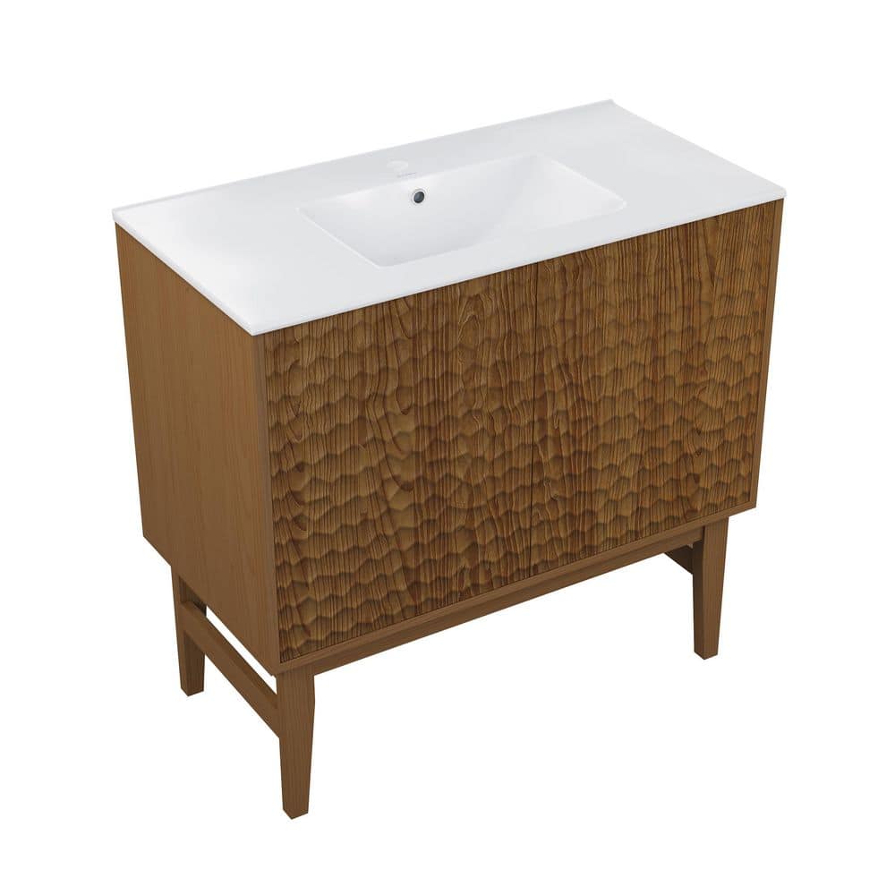 Bosse 36" Brown Oak Freestanding Vanity with White Ceramic Sink