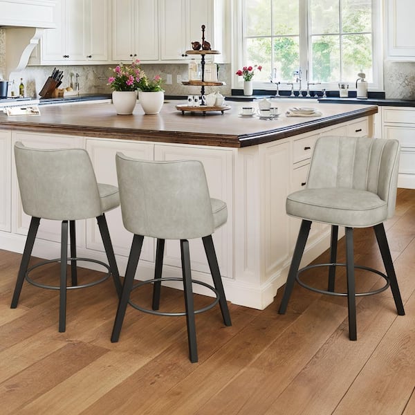 LUE BONA Paul 26 in. Light Gray Modern Faux Leather 360° Swivel High Back Barstool Solid Wood Counter Height stool (Set of 3)