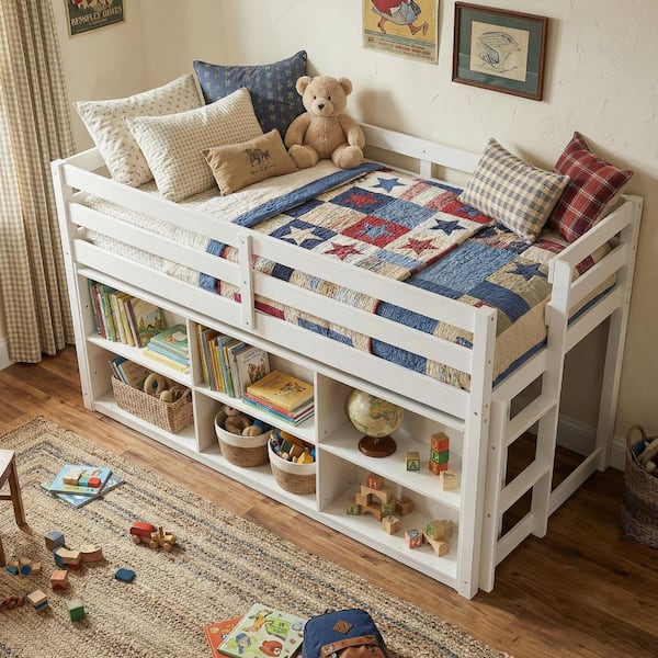 White Twin Loft Bed with Guardrails, Ladder, Storage Shelves and Underbed Play Space