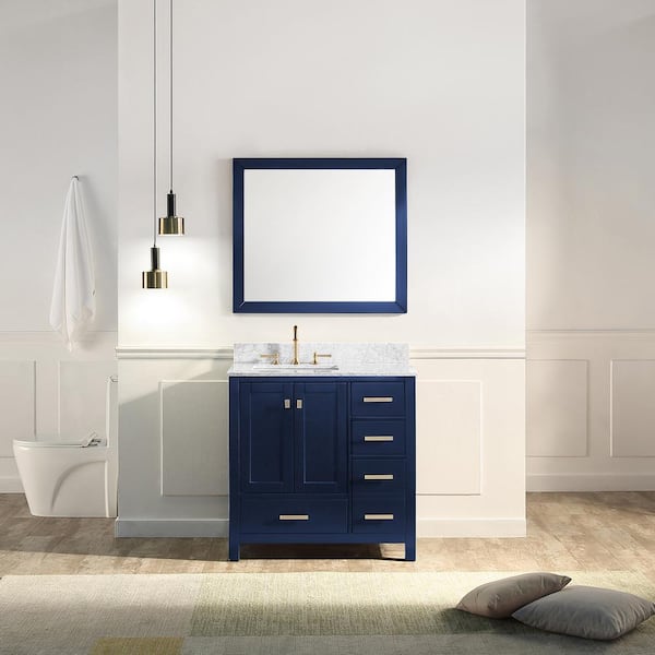 SUPREME WOOD Whitney 36 in. W x 22 in. D x 36.2 in. H Bath Vanity in Navy Blue with Marble Vanity Top in White with White Basin