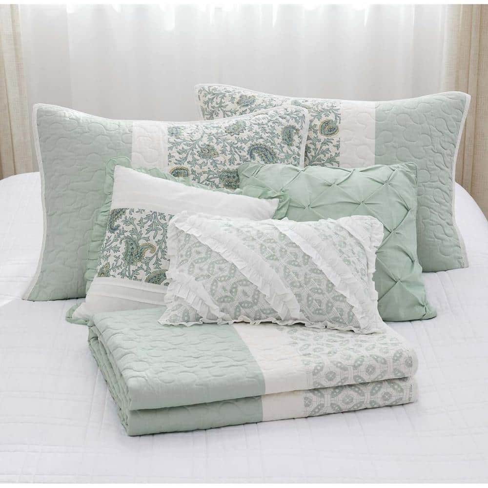 6-Piece Aqua Full Cotton Percale Quilt Set Floral Print, Double Sided Stitc