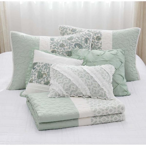 Unbranded 6-Piece Aqua Full Cotton Percale Quilt Set Floral Print, Double Sided Stitching, Bedding Layer with Throw Pillows