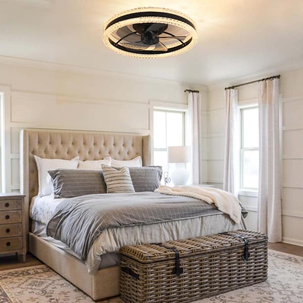 Catilato 16 in. 20 in. Indoor Black 2 Crystal LED Ceiling Fan with Light and Remote for Low Profile Bedroom