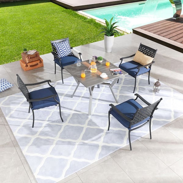 TOP SPACE 5-Piece Outdoor Patio Square Metal Dining Set Chairs Table Sets wtih Blue Cushion