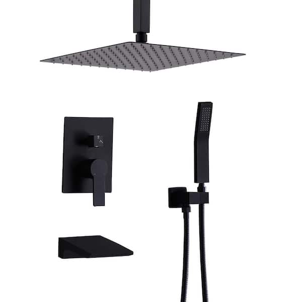 2-Spray 12 in. Bathroom Wall Mounted Shower System with Handheld Spray, Shower Valve and Trim Kit in Matte Black