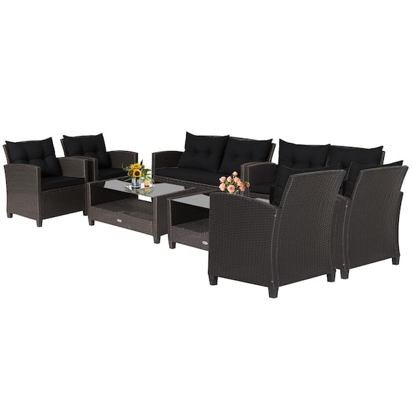 8 -Piece Patio Rattan Furniture Set Glass Table Shelf Sofa Cushion Black
