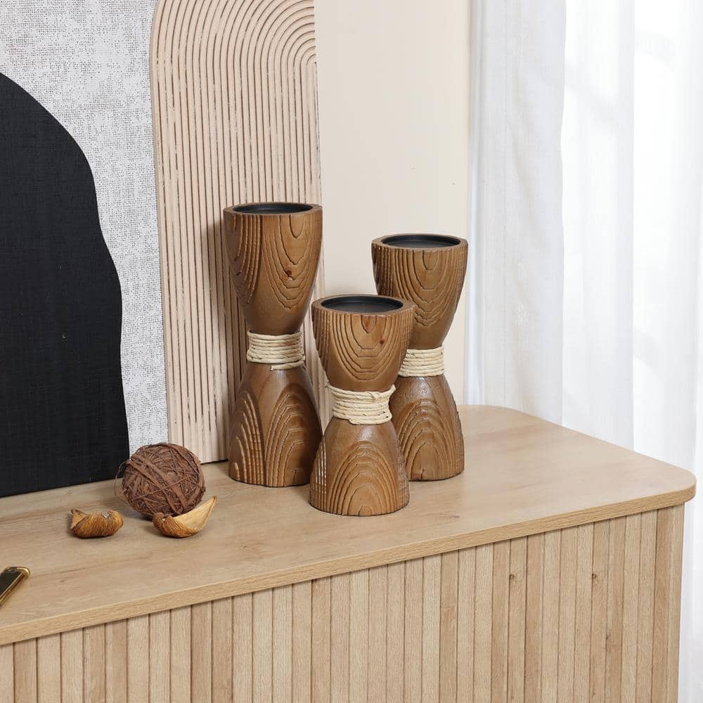 Rustic Pine Wood and Rattan Pillar Candle Holder Set
