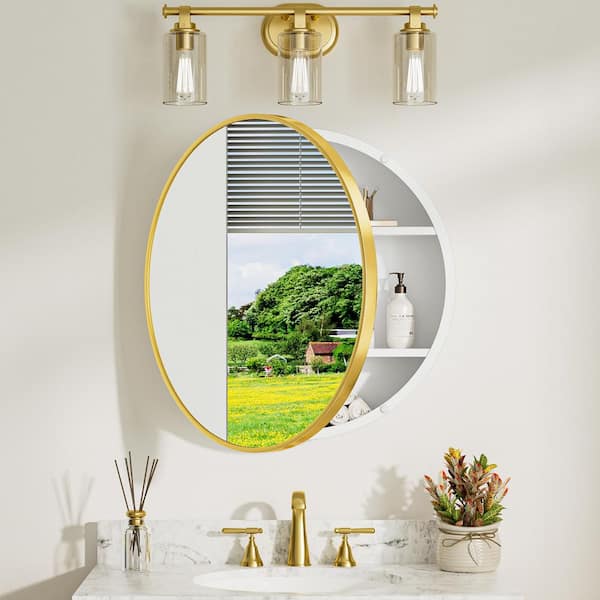 26 in. W x 26 in. H Round Gold White Metal Framed Surface Mount Medicine Cabinet with Mirror