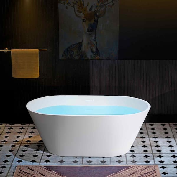 Newark 59 in. Solid Surface Stone Resin Flatbottom Freestanding Bathtub in Matte White with 2-drain covers
