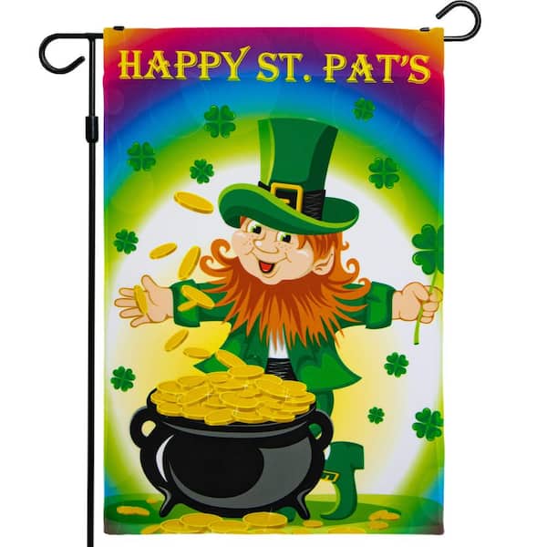 G128 1 ft. x 1.5 ft. Polyester St. Patrick's Leprechaun with Pot of Gold 2-Sided Garden Flag Printed