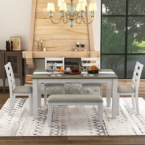 Rustic 6-Piece Brown and Whitewash Solid Wood Dining Set with 4-Upholstered Chairs and Bench