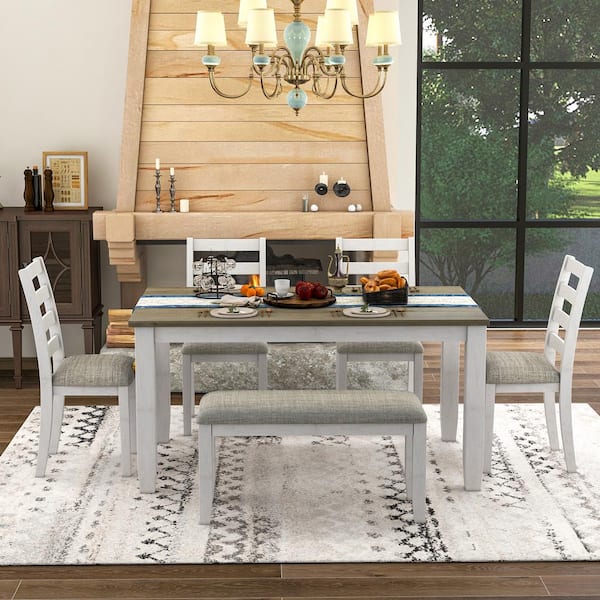 Harper & Bright Designs Rustic 6-Piece Brown and Whitewash Solid Wood Dining Set with 4-Upholstered Chairs and Bench