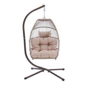 Vege 6.3 ft. Outdoor Patio Wicker Folding Hanging Chair, Rattan Swing Hammock Egg Chair With Cushion And Pillow in Beige