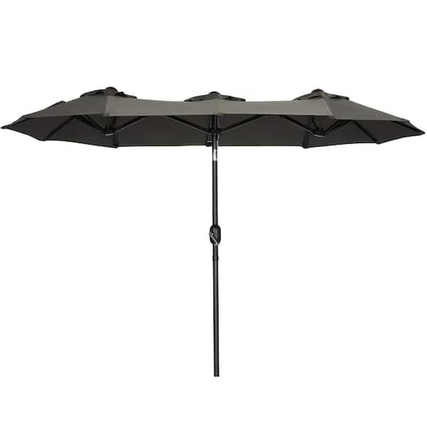 Outsunny 9 ft. Double-Sided Umbrella Large Outdoor Market Patio Umbrella with Push Button Tilt, 3 Air Vents and 12 Ribs in Gray