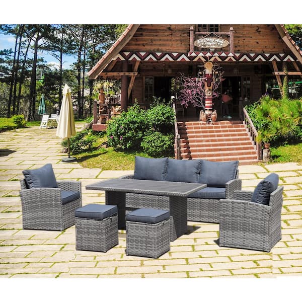 Afoxsos Patio Garden Gray 6-Piece PE Rattan Wicker Outdoor Sectional Sofa Set with Gray Cushion and Ottomans