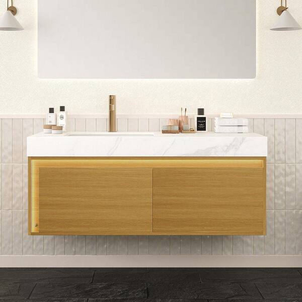TCYO 48 in. Wall-Mounted Light Oak Bath Vanity with Carrara White ...