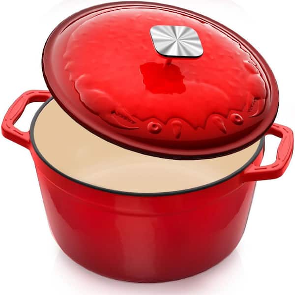 5 qt. Enameled Cast Iron Dutch Oven in Red with Exclusive Designed Crab Lid for Bread Baking Braiser Cooking