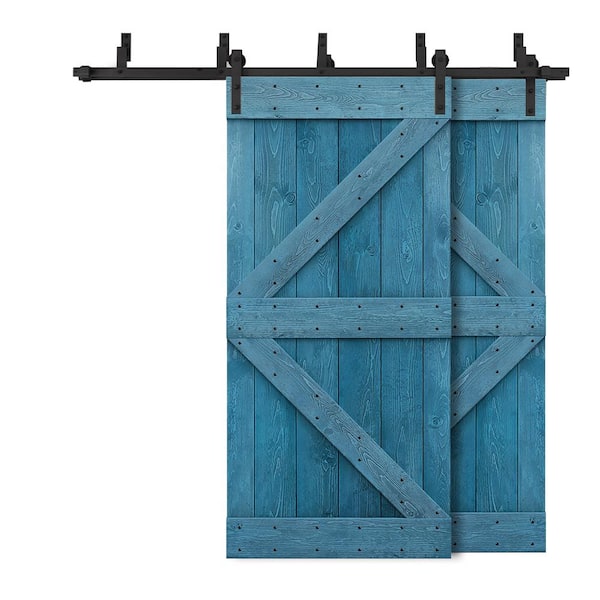 CALHOME 64 in. x 84 in. K Bypass Ocean Blue Stained DIY Solid Wood Interior Double Sliding Barn Door with Hardware Kit