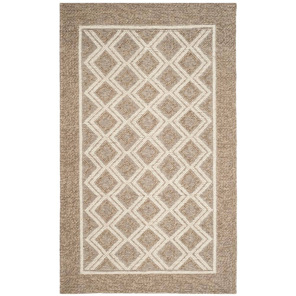 Beige and Ivory Handwoven Wool Rectangular Area Rug, 5' x 8'