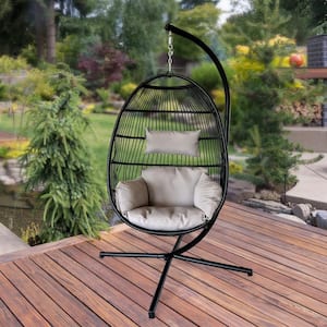 Outdoor Indoor Egg Chair with Stand and Gray Color Cushion PE Wicker Patio Chair Swing Chair Lounge Hanging Basket Chair