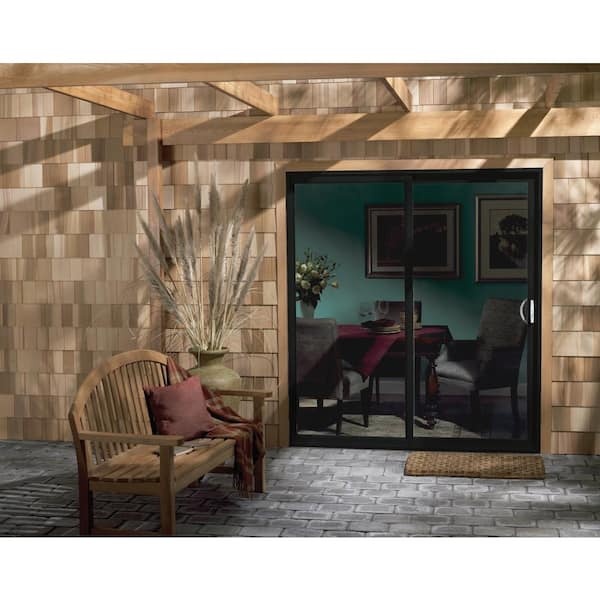 72 in. x 80 in. V-2500 Series Bronze FiniShield Vinyl Left-Hand Full Lite Sliding Patio Door w/White Interior