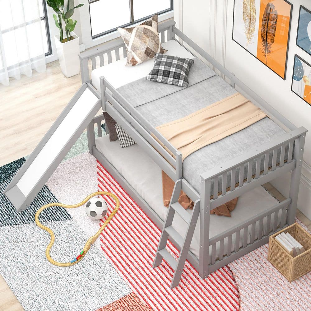 Harper & Bright Designs Gray Solid Wood Twin Over Twin Bunk Bed with ...