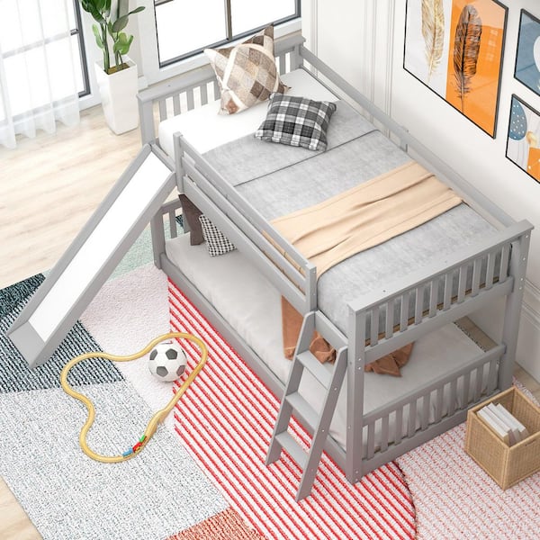 Harper & Bright Designs Gray Solid Wood Twin Over Twin Bunk Bed with Convertible Slide and Ladder