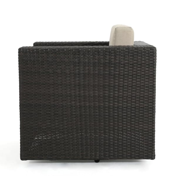 Dark Brown Swivel Faux Rattan Outdoor Patio Lounge Chair with Beige Cushion