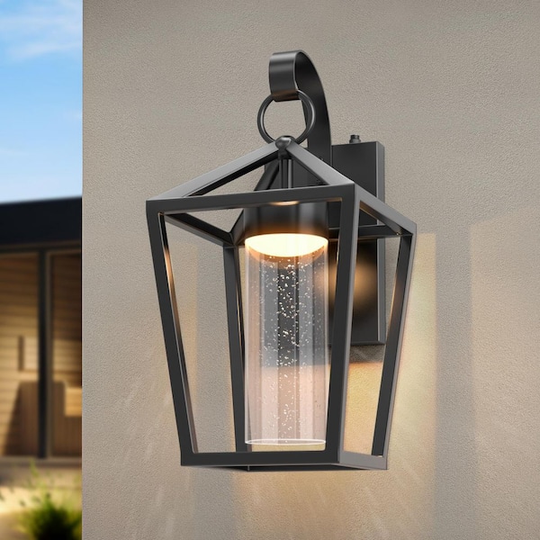 Decorators 15 in. Black Modern Integrated LED Waterproof Cylinder Hardwired Outdoor Sconce with Glass Shade
