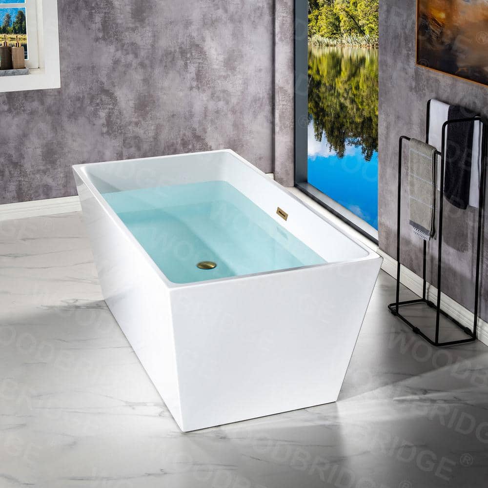 59'' White Acrylic Freestanding Rectangular Bathtub with Brushed Gold Trim