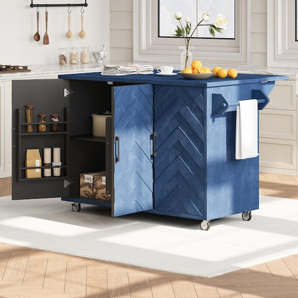 Runesay Rustic Farmhouse Navy Blue Wood 51.2 in. 3D Wave Stripes Kitchen Island with Drop Leaf and Internal Storage Rack