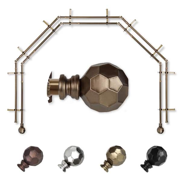 EMOH 13/16" Dia Adjustable 5-Sided Double Bay Window Curtain Rod 28 to 48" (each side) with Elliana Finials in Antique Brass