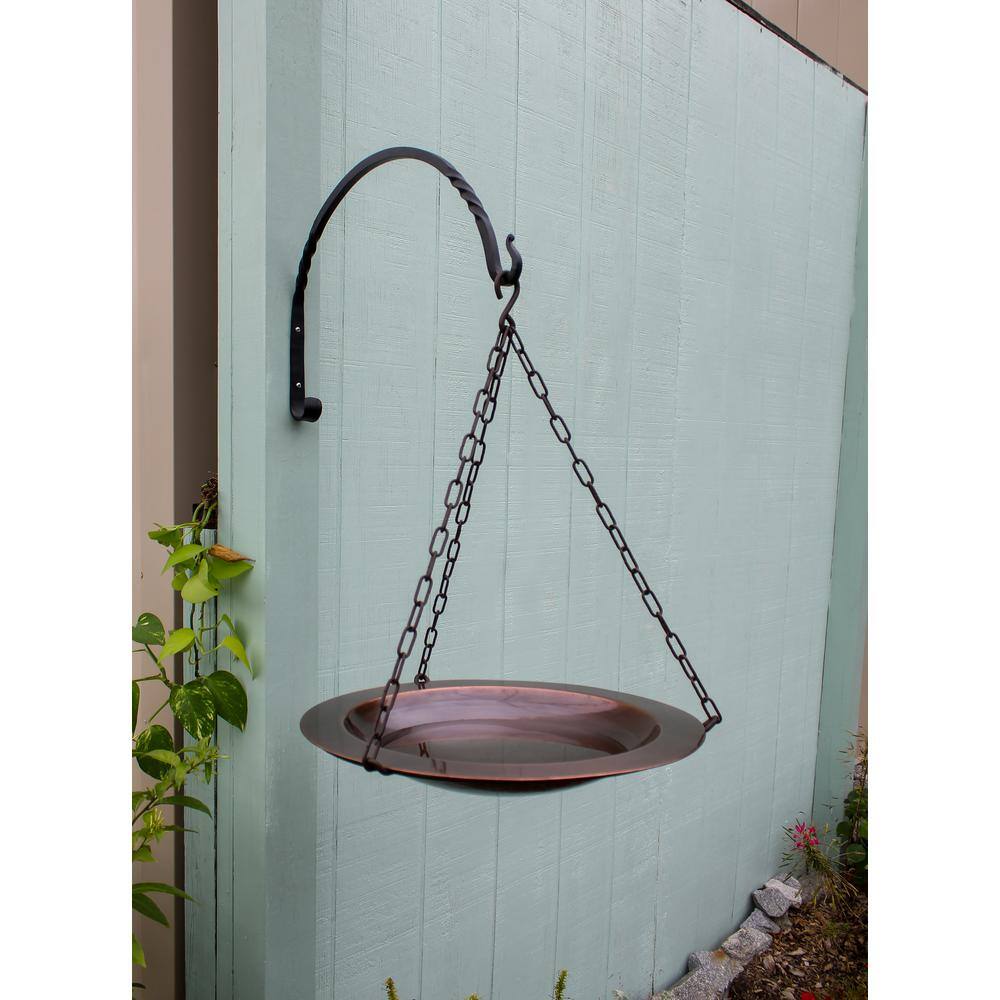 18" Antique Copper Hanging Birdbath with Wrought Iron Hanger