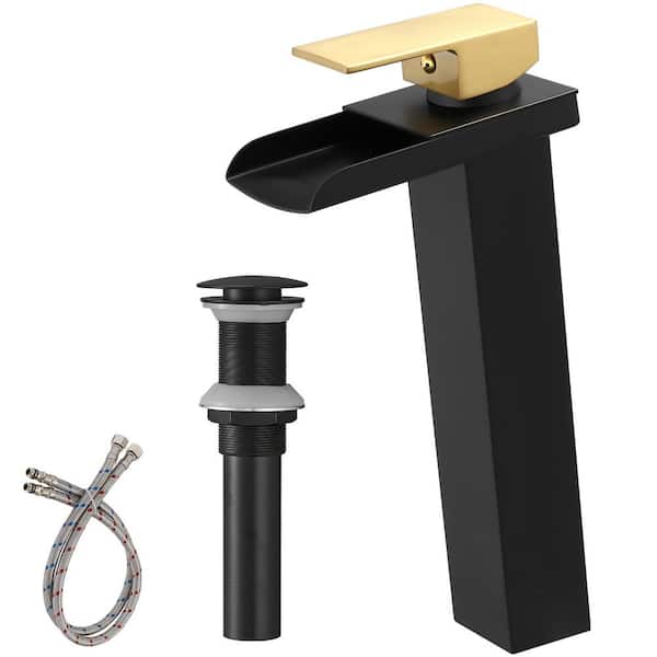 BWE Single Hole Single Handle Bathroom Vessel Sink Faucet With Supply Hose in Matte Black Gold