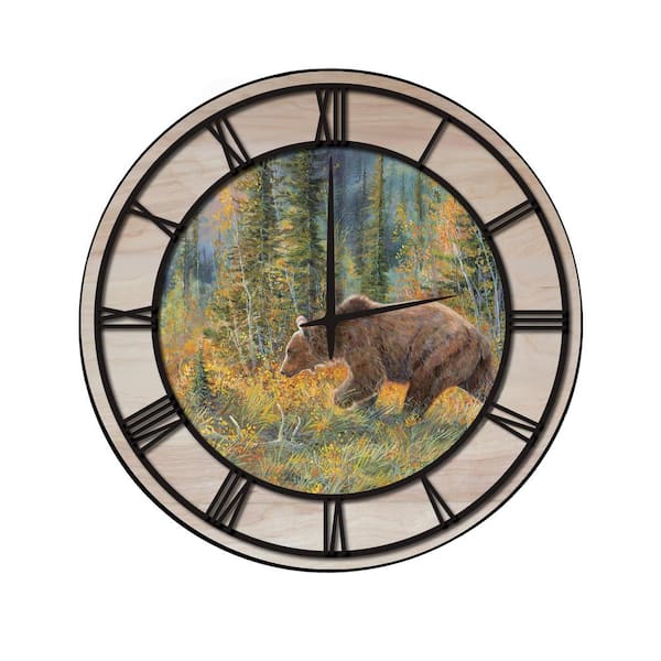 Unbranded "The Grizzly Walk" Woodgrain Accent and Black Numbers Imaged Wall Clock