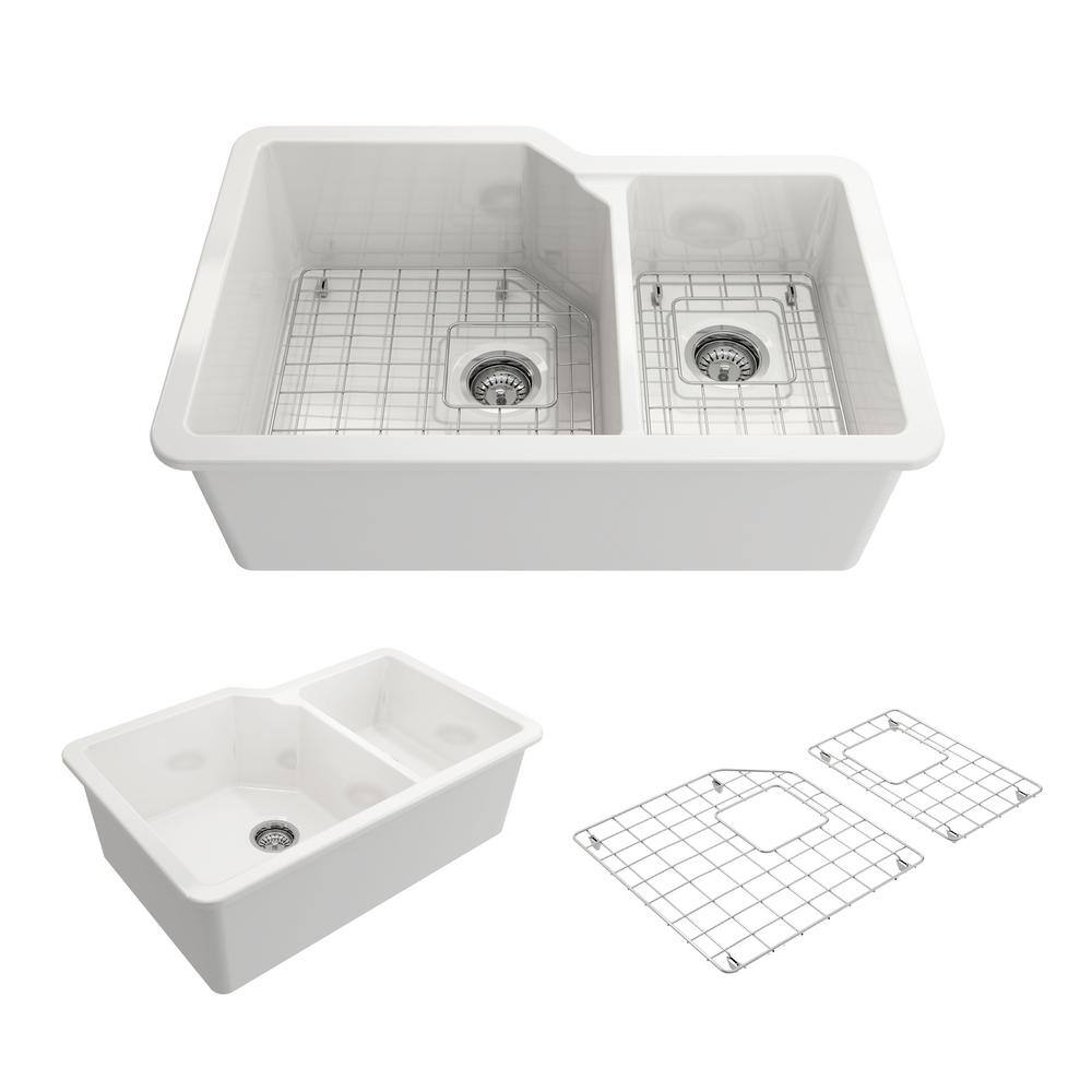 BOCCHI Sotto White Fireclay 33 in. 60/40 Double Bowl Dual-Mount Kitchen  Sink w/ Protective Bottom Grids and Strainers 1506-001-0120 - The Home Depot