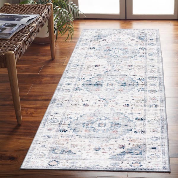Arizona Light Blue/Ivory 3 ft. x 8 ft. Distressed Border Ornate Machine Washable Runner Rug