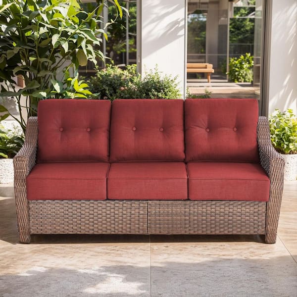 Artisan Brown Wicker Outdoor 3-Seat Couch with High Curved Back and 6 in. Thick Red Cushions