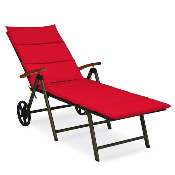 Clihome Foldable Outdoor Chaise Lounge Chair Wicker Recliner Chair with Red Cushion, Aluminum Frame, and 2-Wheels