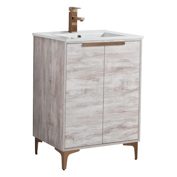FINE FIXTURES 24 in. W x 18.5 in. D x 35.25 in. H Bath Vanity in Rustic White with Rose Gold Hardware and White Ceramic Sink top