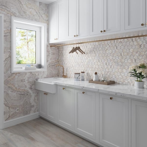 Splendor Beige 8.86 in. x 12.8 in. Polished Porcelain Hexagon Wall and Floor Tile (7.09 sq. ft./case) (9-pack)