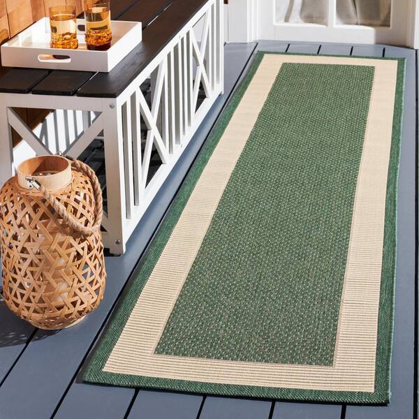 Courtyard Dark Green/Beige 2 ft. x 7 ft. Runner Border Solid Color Indoor/Outdoor Area Rug