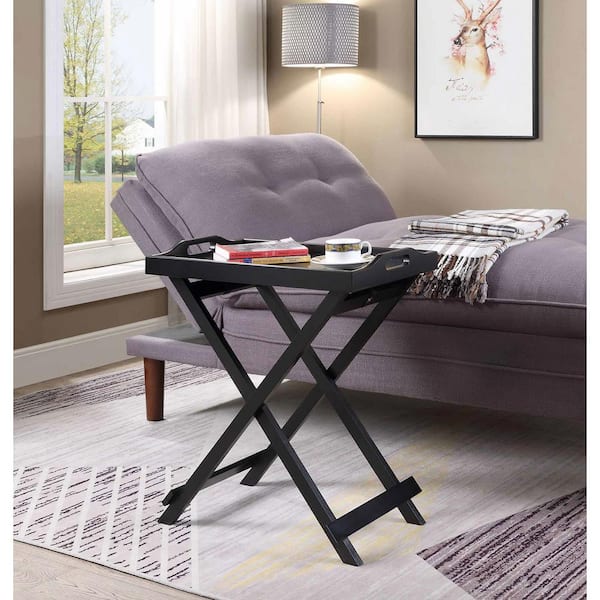 Lavish Home Black Wooden Folding End Table with Removable Tray