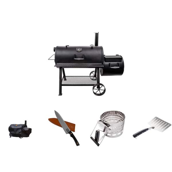 Longhorn Reverse Flow Charcoal Smoker and Grill with Cover, Hawg Lifter, Chef's Knife and Charcoal Starter (5-Piece)