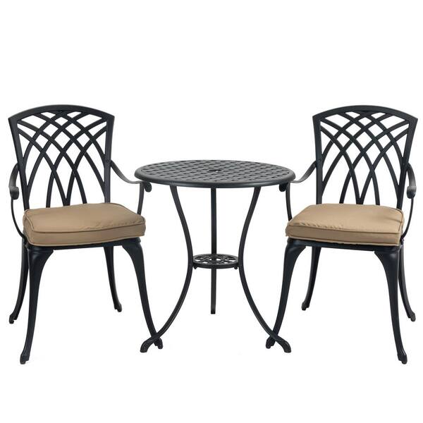 Unbranded 3-Piece Aluminum Outdoor Bistro Set with Umbrella Hole and Washed Khaki Cushions for Backyard, Balcony, Front Porch