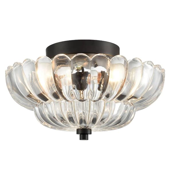 CLAXY 11.6 in. 3-Light Black Modern Semi-Flush Mount with Decorative Glass Shade and No Bulbs Included 1-Pack