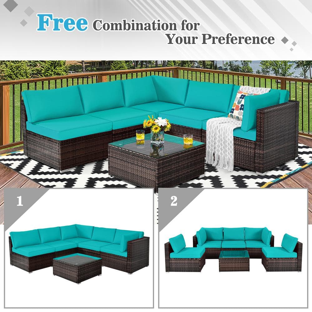 Turquoise Cushioned 5-Person Brown Iron Wicker Patio Set