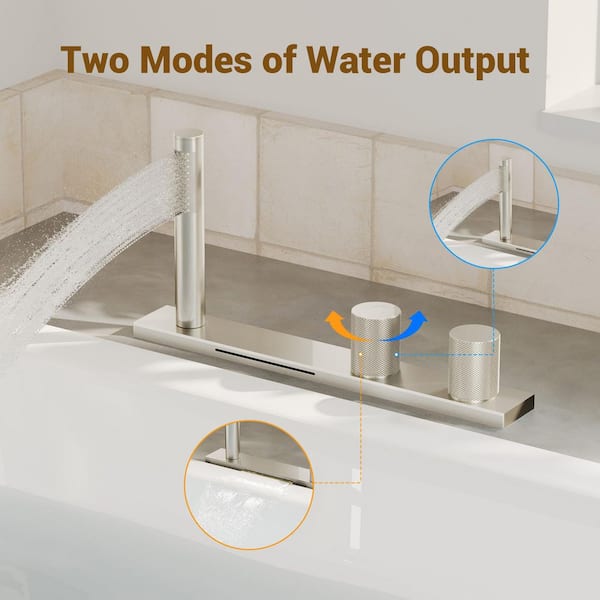 Waterfall 2-Handle 2-Spray Tub Deck Mount Roman Tub Faucet with Hand Shower in Brushed Nickel (Valve Included)